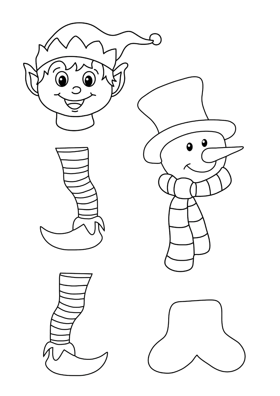 Cut-out pieces for the elf and snowman: students colour an elf head, striped elf legs, a snowman head with scarf and feet