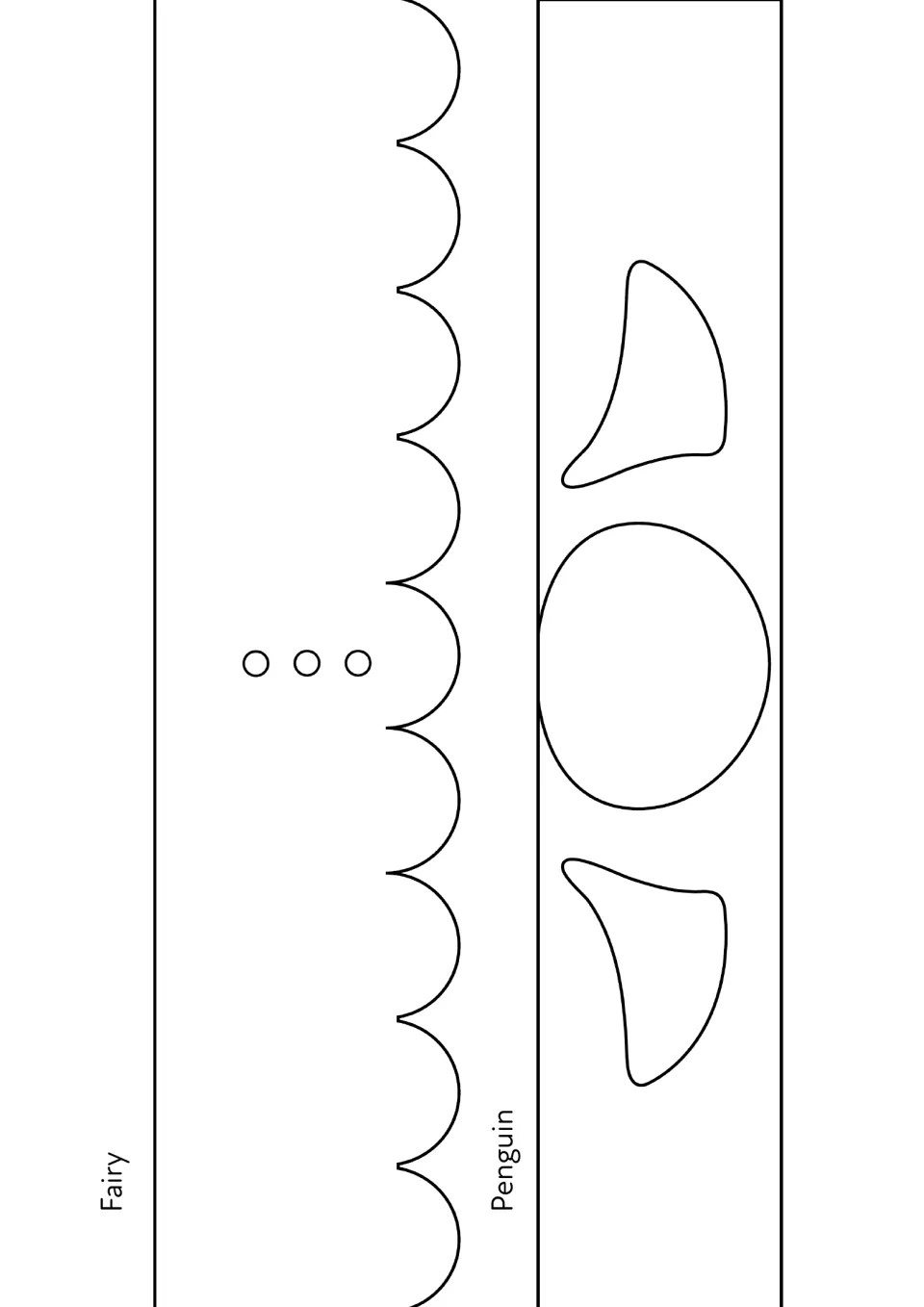 Fairy and Penguin body strips to colour and cut out: a scalloped dress hem with buttons, and penguin belly and flippers