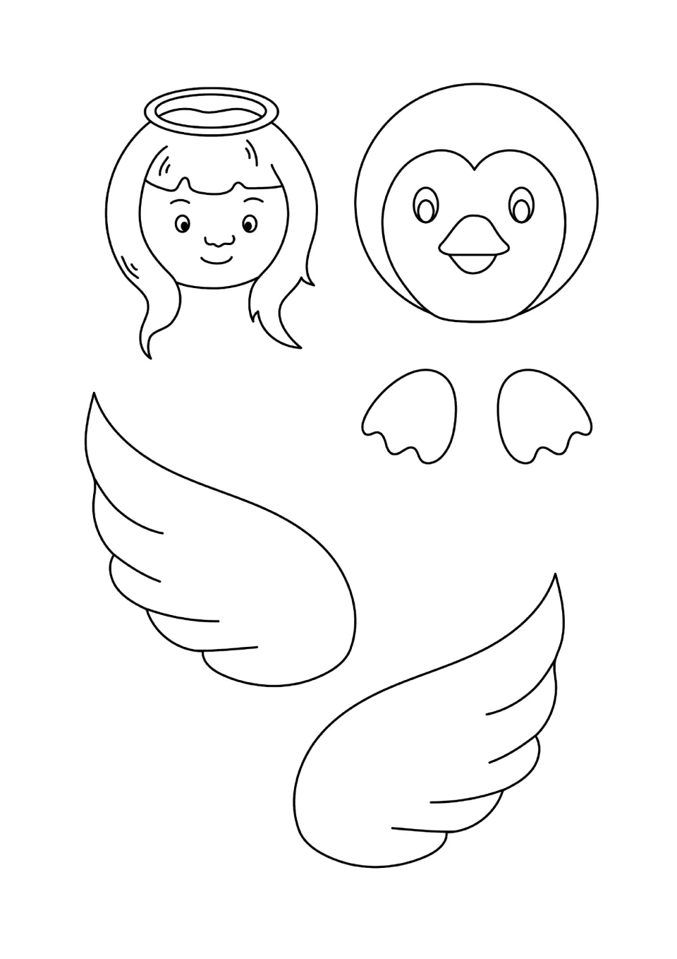 Cut-out pieces for the angel and penguin: students colour a haloed angel head, two feathered wings, penguin head and feet