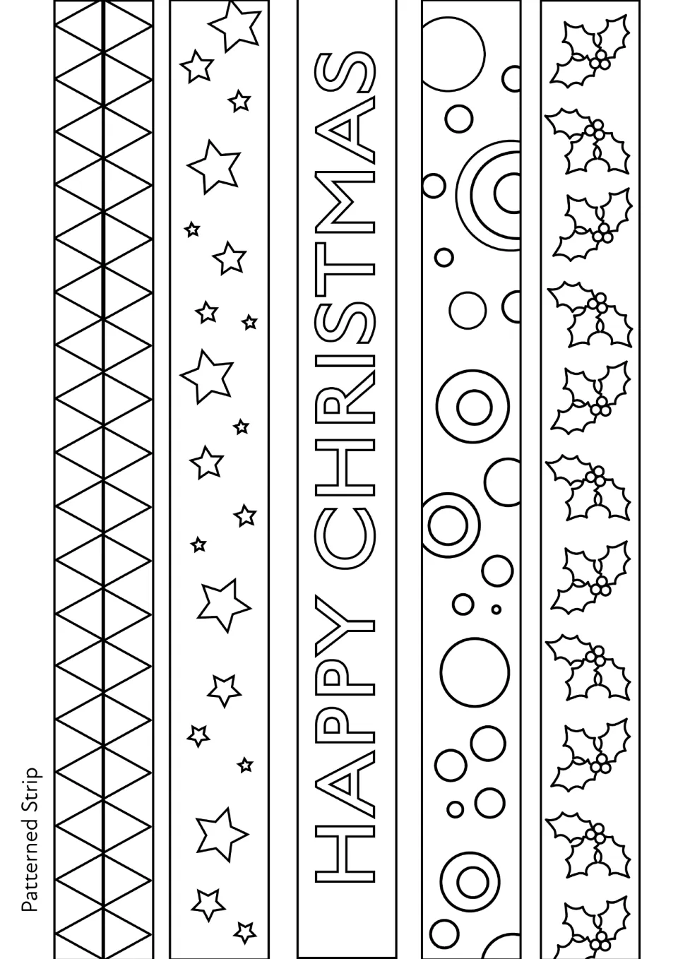 Patterned strips to colour and loop between character links: triangles, stars, Happy Christmas lettering, circles, holly