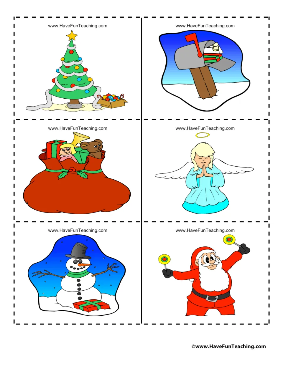 Christmas picture cards to cut apart: decorated tree, mailbox with gifts, toy sack, praying angel, snowman and Santa