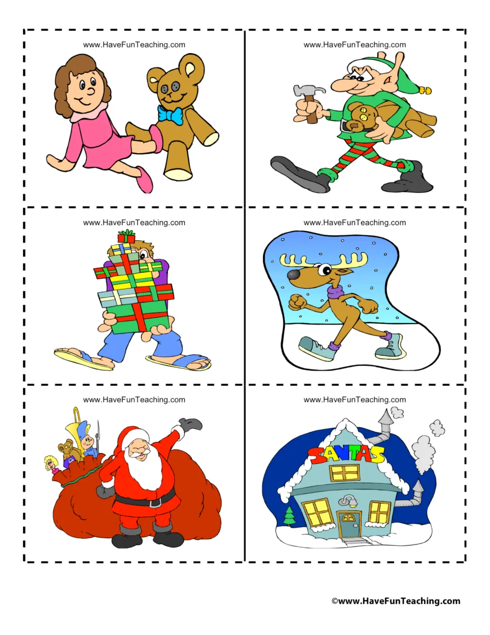 Six holiday cards to cut out: doll and teddy bear, elf with hammer, child carrying gifts, reindeer, Santa, Santa's house