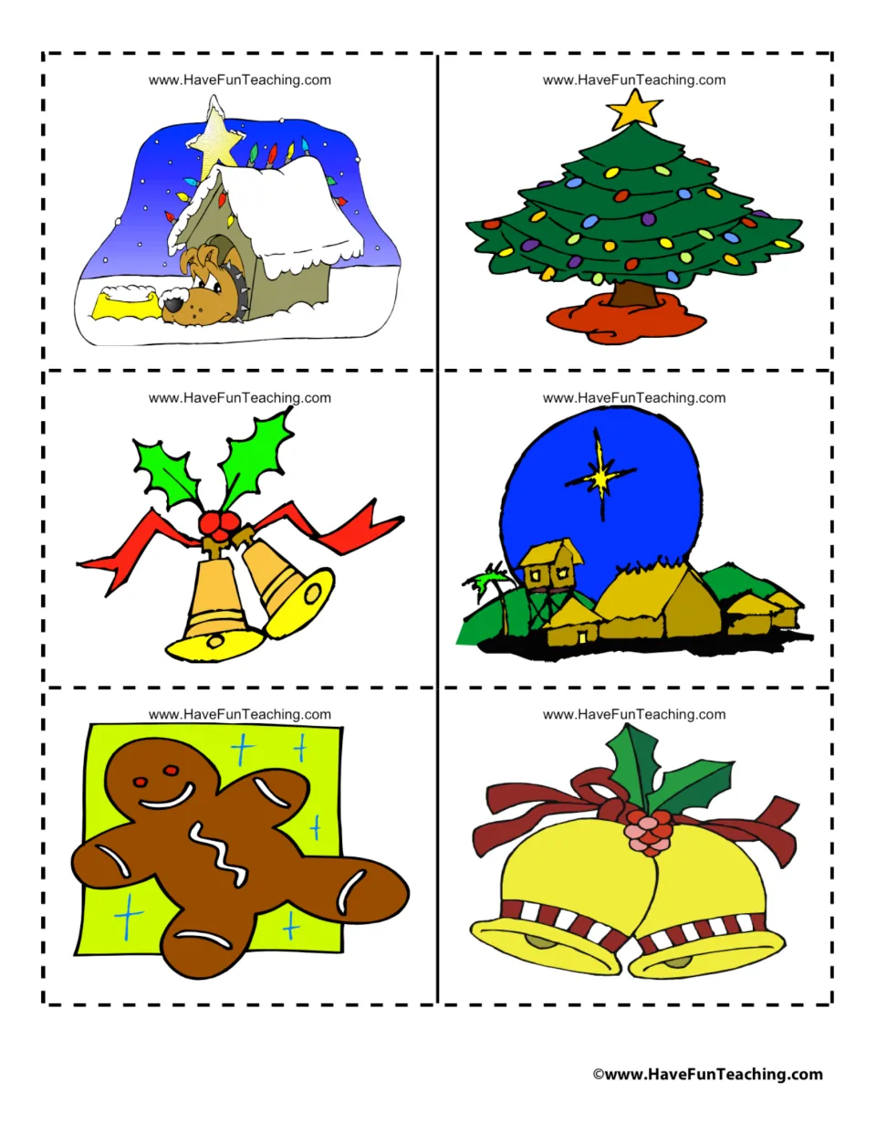Christmas image cards: dog in a snowy doghouse, lit tree, bells with holly, star over a village and a gingerbread man
