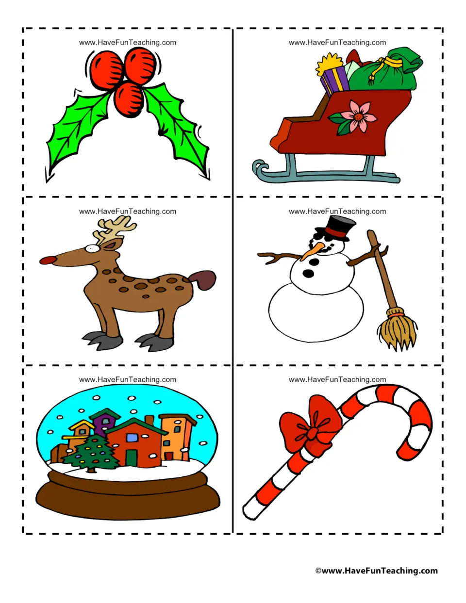 Cut-apart Christmas pictures: holly berries, sleigh with gifts, reindeer, snowman with broom, snow globe and candy cane