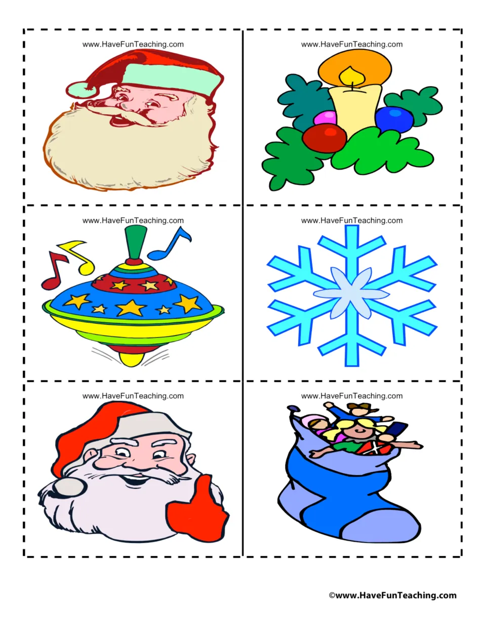 Christmas picture cards: two Santa faces, candle with ornaments, spinning top, snowflake and a stocking full of toys