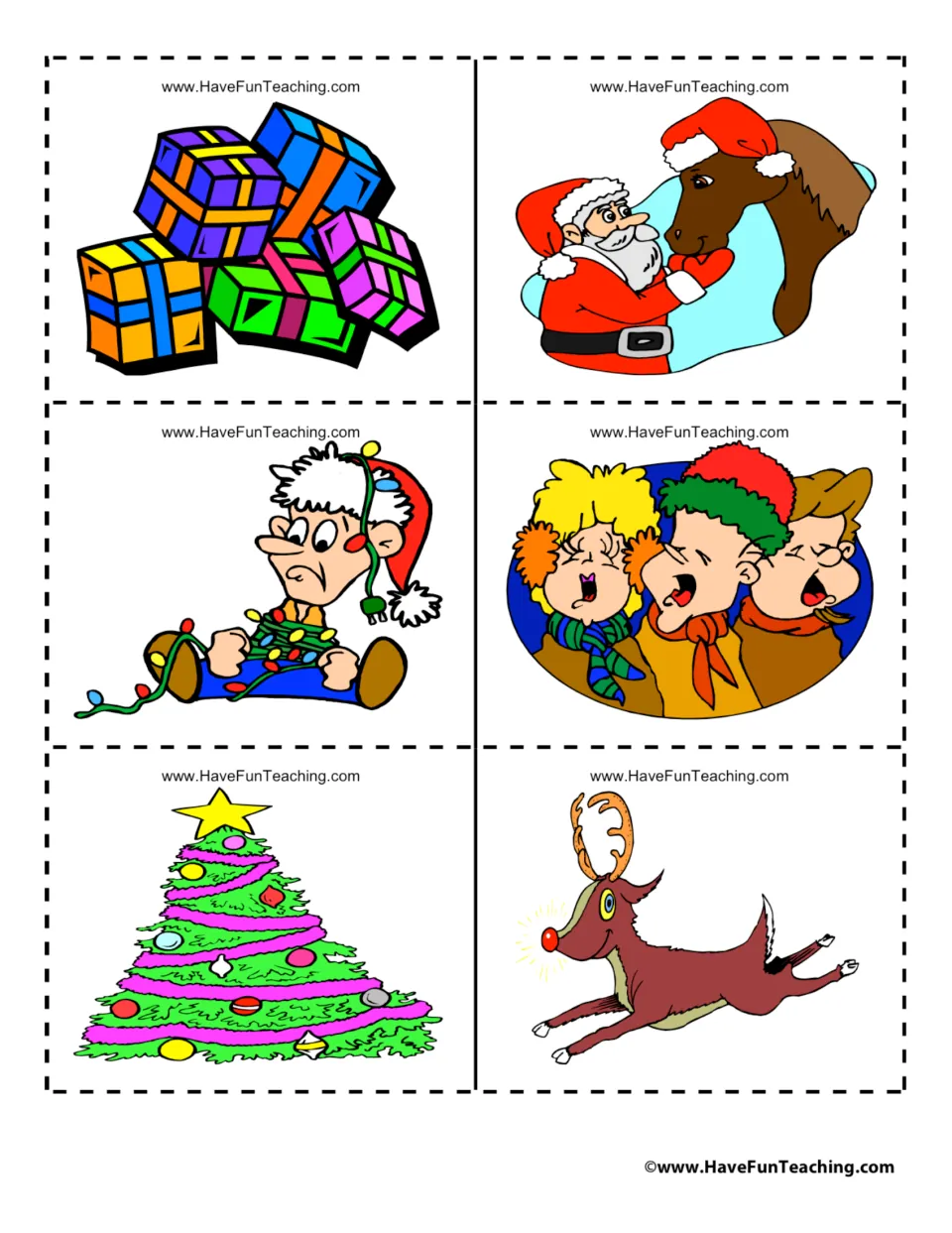 Holiday picture set to cut out: gift pile, Santa hugging a horse, boy tangled in lights, carolers, tree and a reindeer