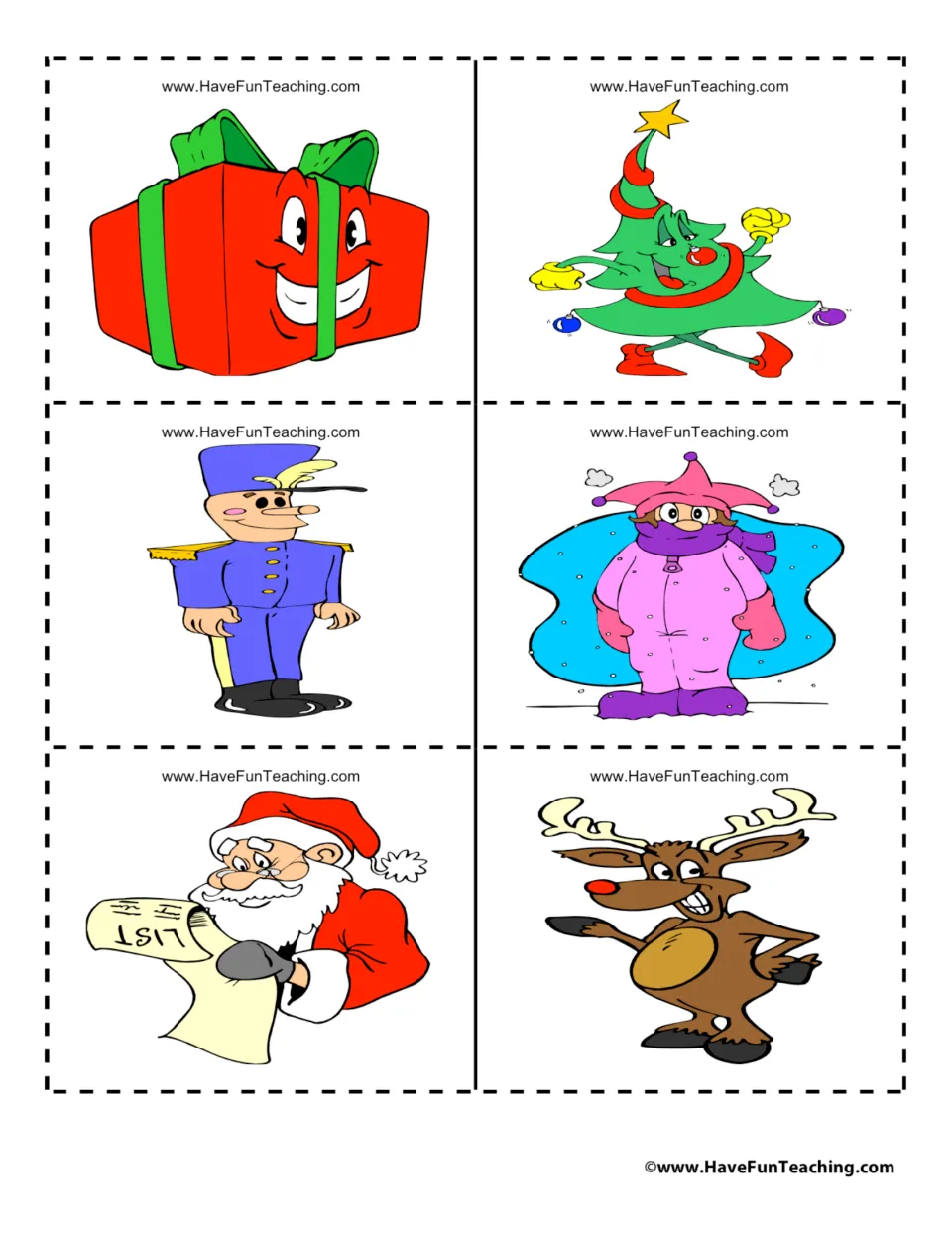 Christmas character cards: smiling gift, dancing tree, toy soldier, child in a snowsuit, Santa reading his list, reindeer