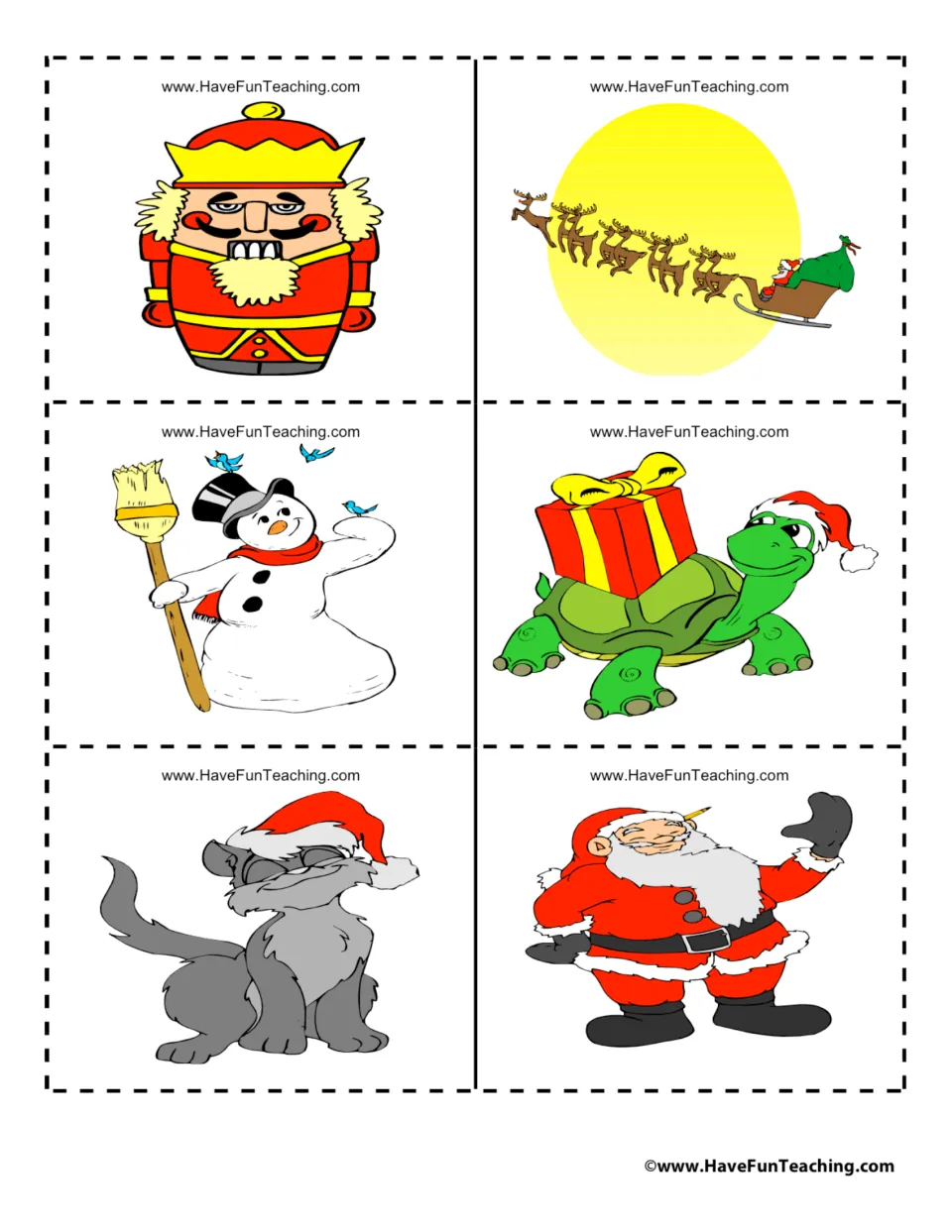 Christmas cut-out pictures: nutcracker, sleigh flying across the moon, snowman, turtle with a gift, cat in a hat and Santa