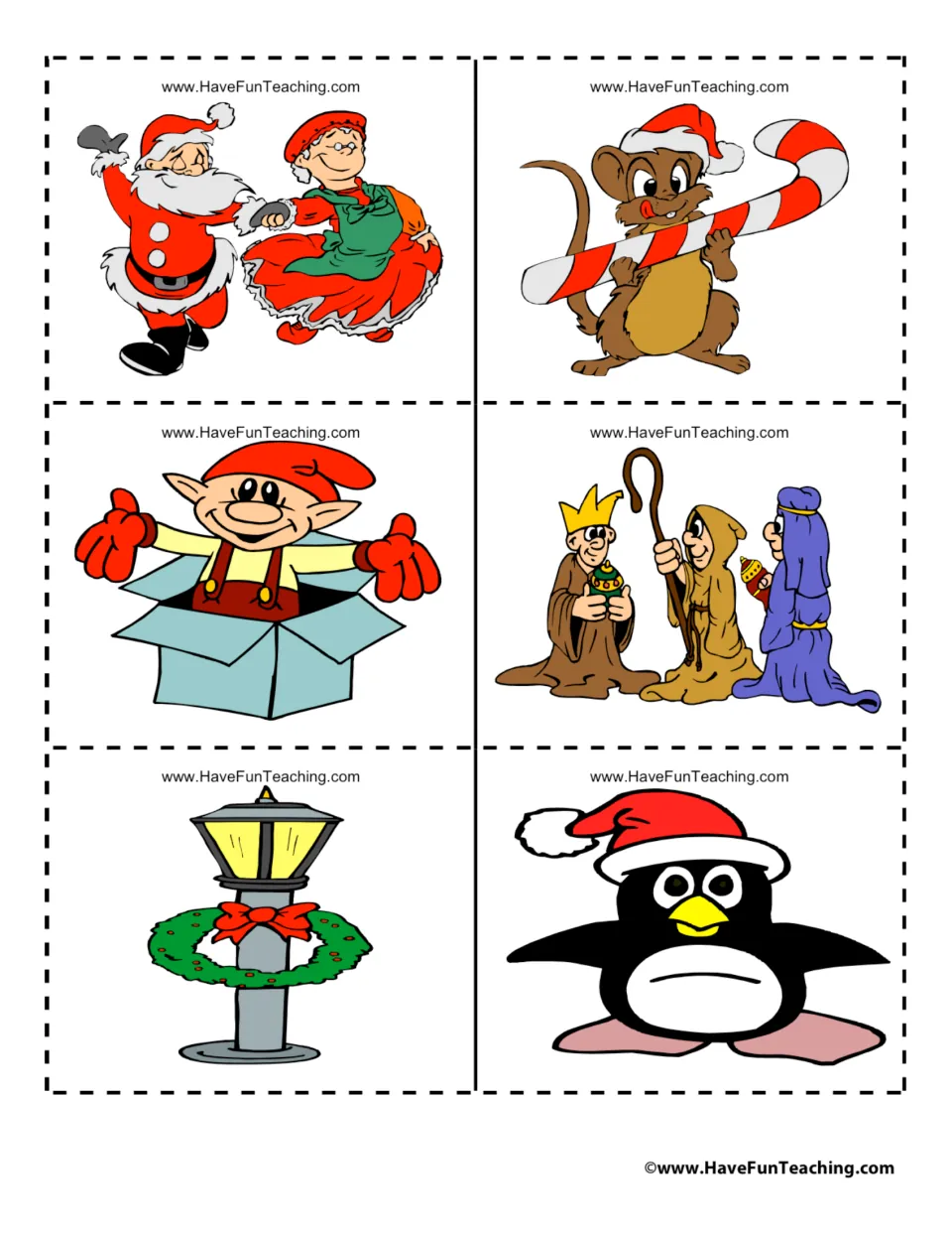 Christmas cards to cut out: Mr. and Mrs. Claus dancing, mouse with candy cane, elf in a box, three wise men, lamp, penguin