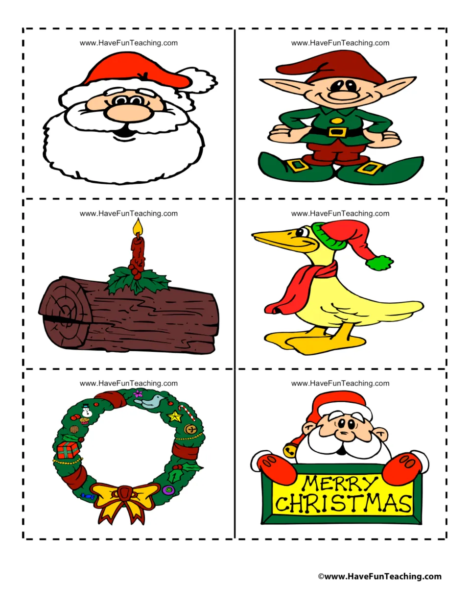 Christmas pictures to cut apart: Santa face, elf, Yule log with candle, duck in a scarf, wreath and a Merry Christmas sign