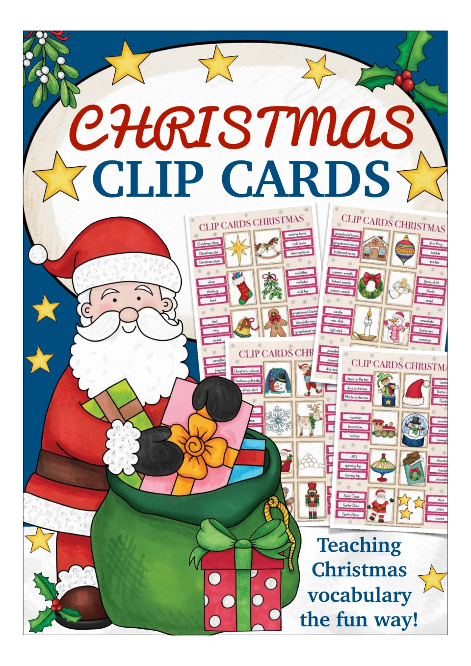 Christmas Clip Cards cover showing Santa with a gift sack and four sample sheets of picture cards with word choices