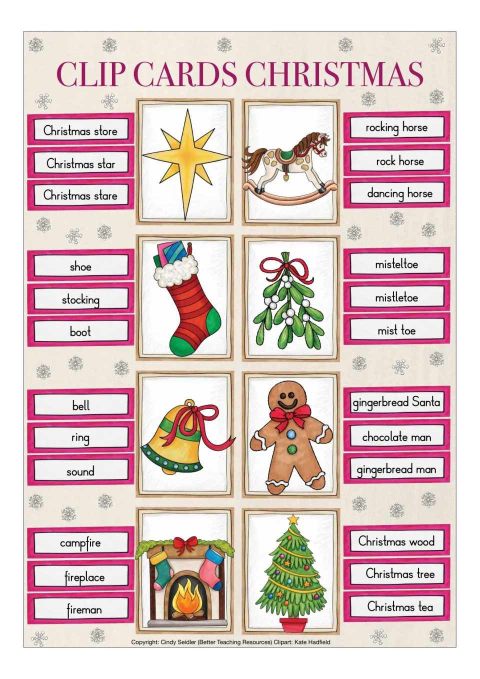 Cards 1–8, each with 3 word choices: Christmas star, rocking horse, stocking, mistletoe, bell and 3 more