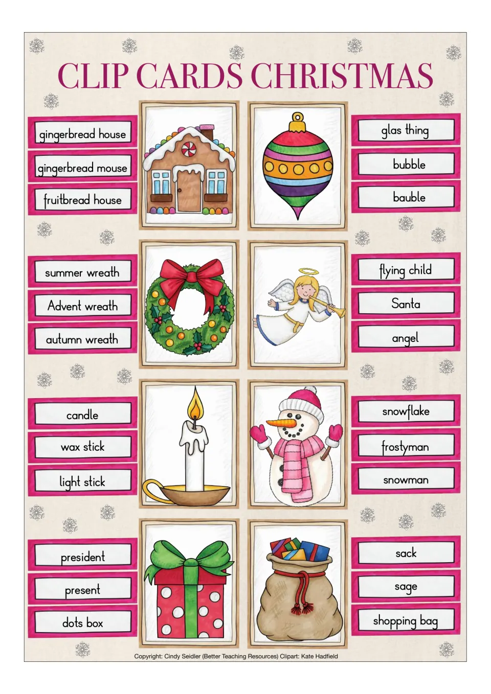 Cards 9–16 to clip: gingerbread house, bauble, Advent wreath, angel, candle, snowman, present and sack