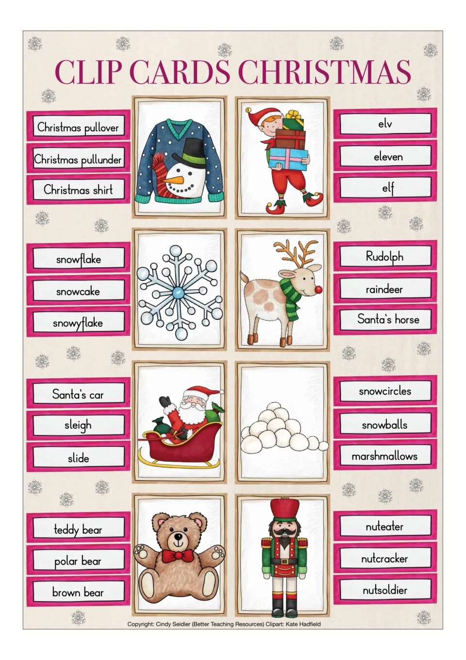Picture cards 17–24, three words each: Christmas pullover, elf, snowflake, Rudolph, sleigh, snowballs and 2 more