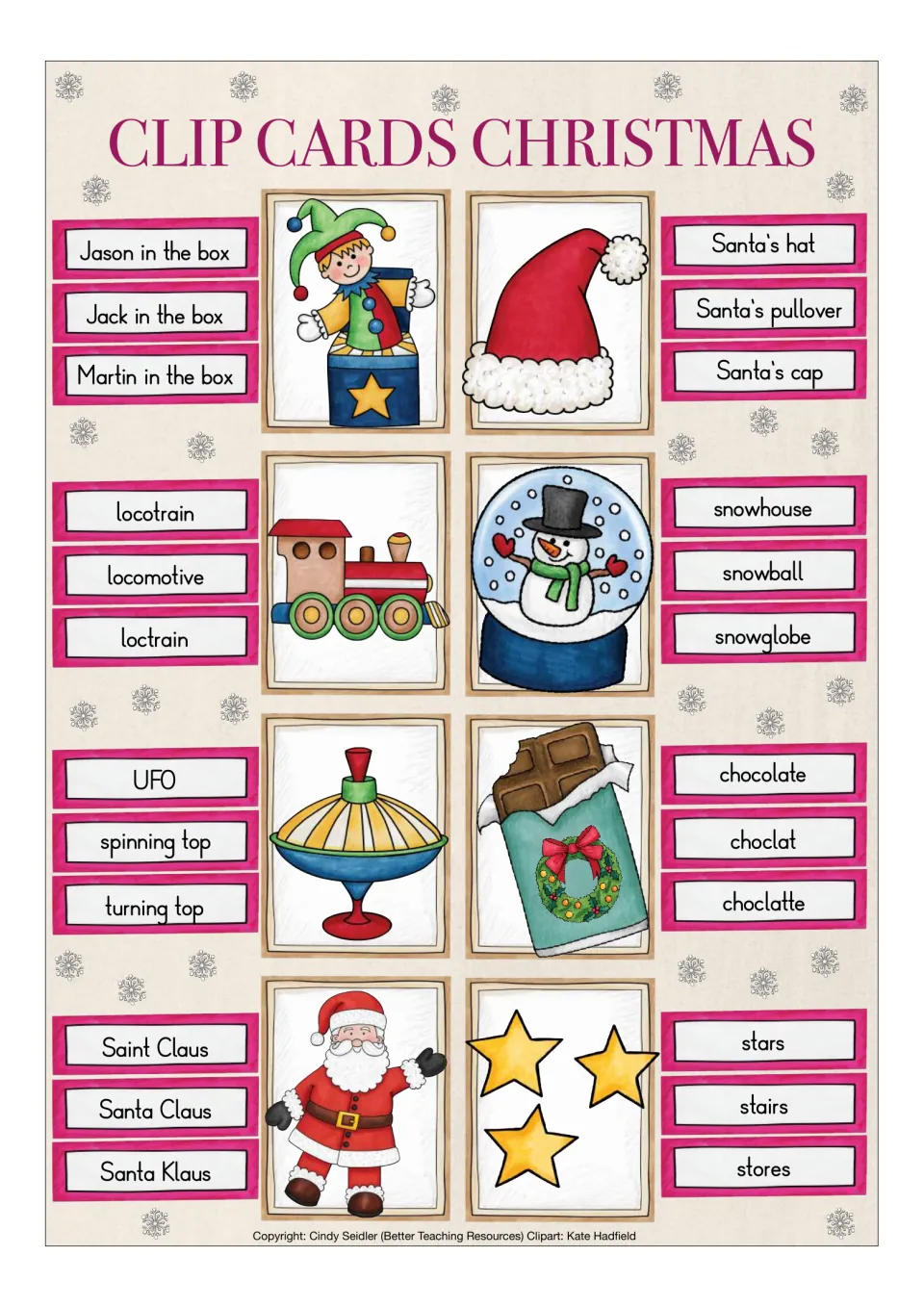 Final cards 25–32: Jack in the box, Santa's hat, locomotive, snowglobe, spinning top, chocolate, Santa Claus, stars