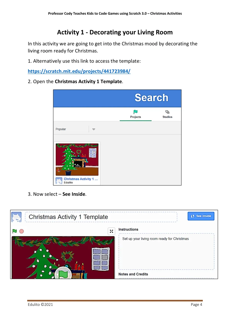 Activity 1 begins with directions to open the Christmas living room template in Scratch and select See Inside