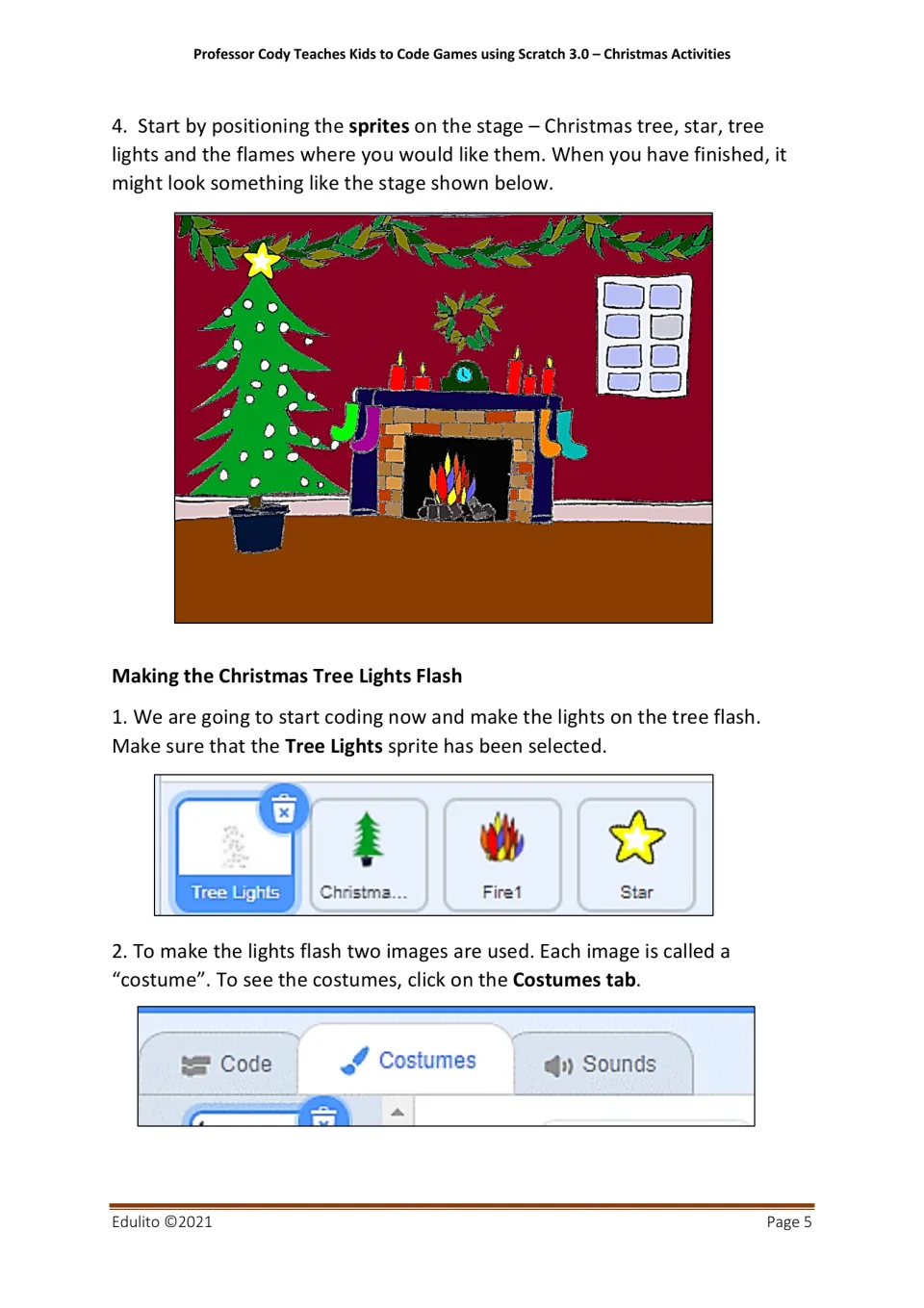 Activity 1 directs students to position living room sprites and inspect the Tree Lights sprite's costumes