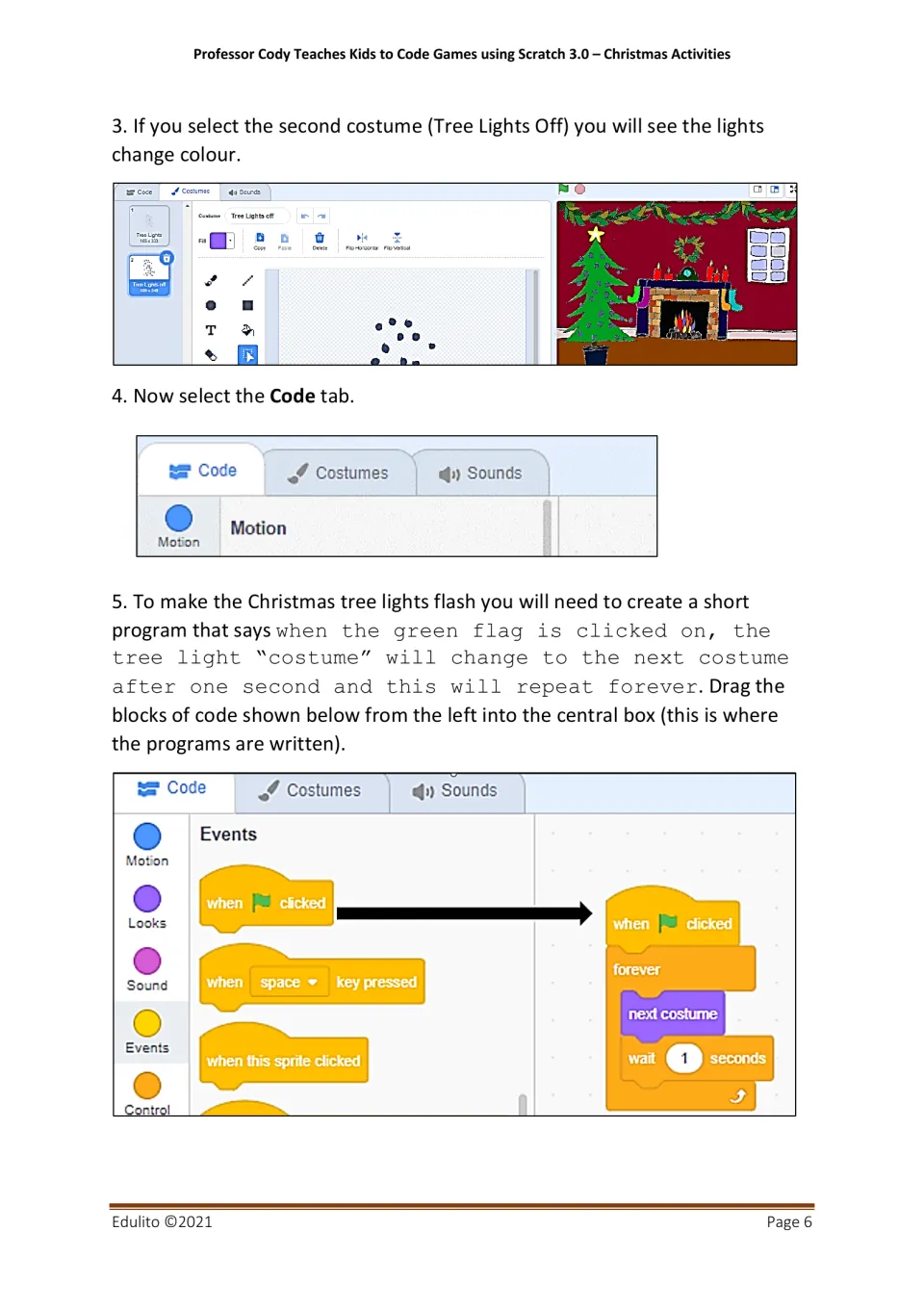 Activity 1 shows code to flash tree lights using the green flag, a forever loop, next costume, and a one-second wait