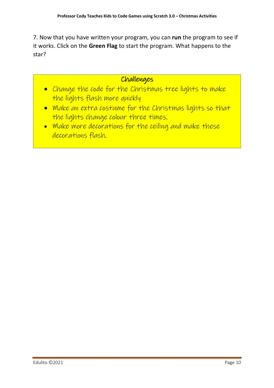 Activity 1 ends by testing the star and challenging students to speed up lights, add a costume, and flash decorations