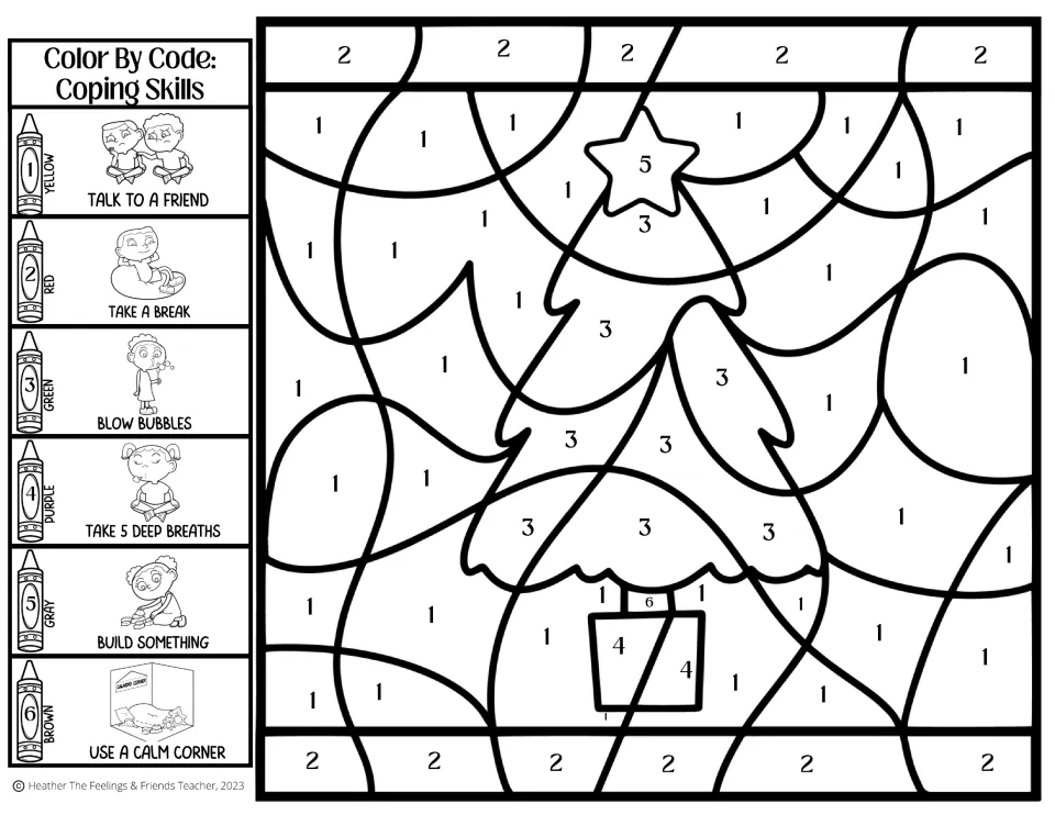 Christmas tree coping skills coloring activity: talk to a friend, take a break, blow bubbles, and three more