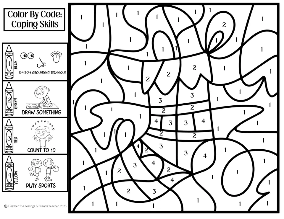Stocking coping skills coloring activity: 5-4-3-2-1 grounding, draw something, count to 10, and play sports