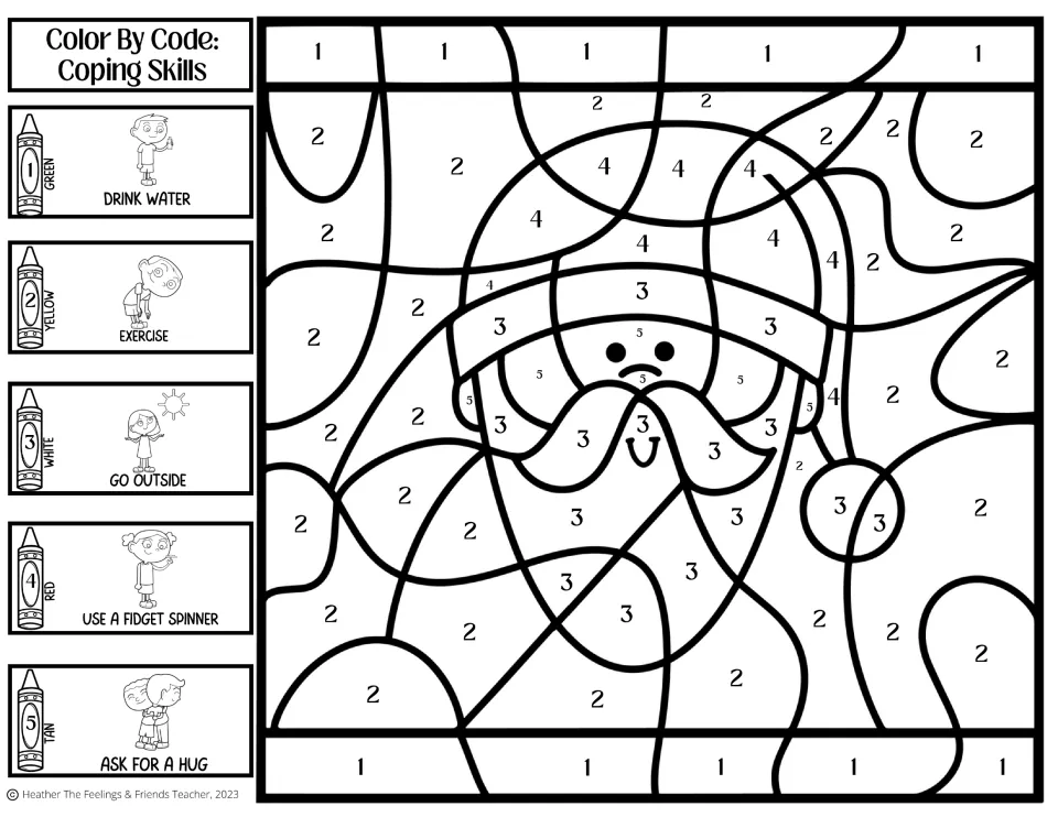 Santa coping skills coloring activity: drink water, exercise, go outside, use a fidget spinner, ask for a hug