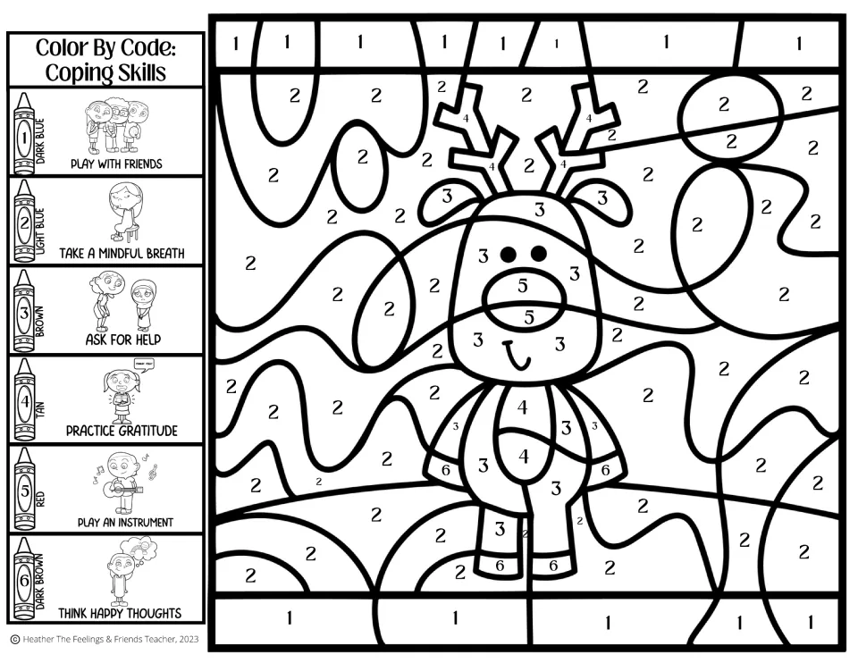 Reindeer coping skills coloring activity: play with friends, take a mindful breath, ask for help, and more