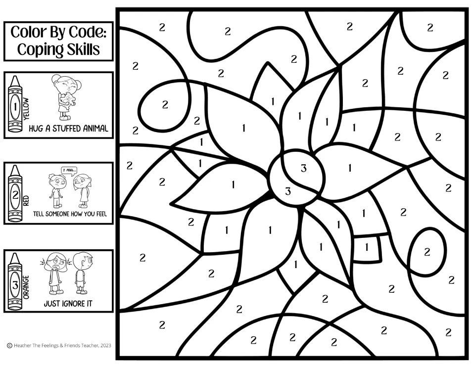 Poinsettia coping skills coloring activity: hug a stuffed animal, tell someone how you feel, just ignore it