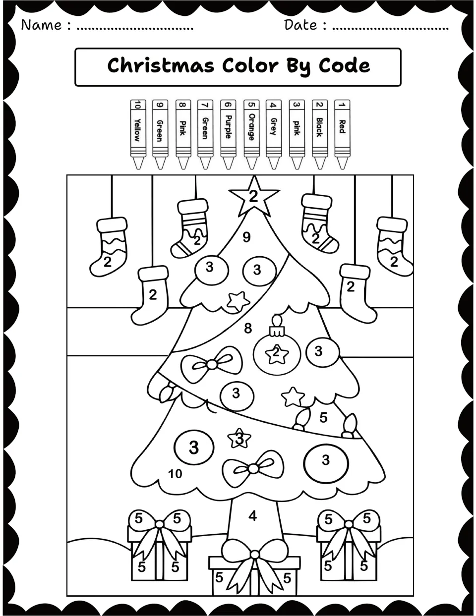 Christmas tree color by code: students match numbers 1 to 10 to a crayon key to color a tree, stockings and gifts