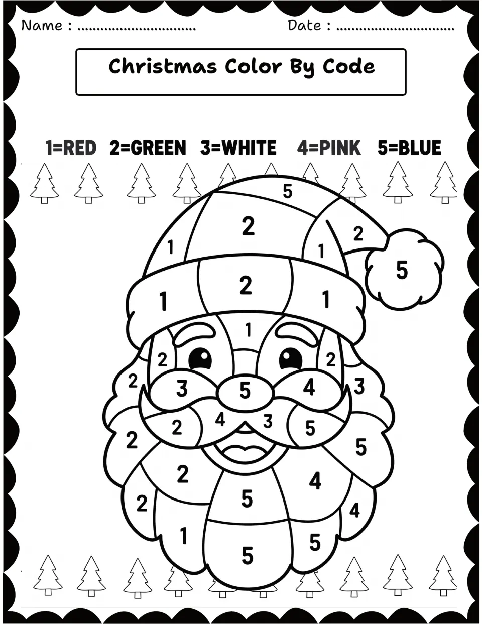Santa face color by number: students read the key 1=red to 5=blue and color each numbered part of the hat and beard
