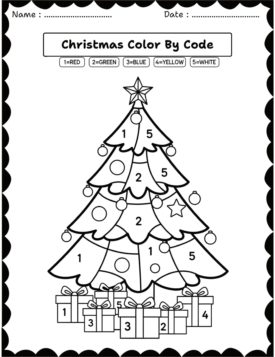 Decorated tree color by number: students use the 1=red to 5=white key to color tree sections and the presents below