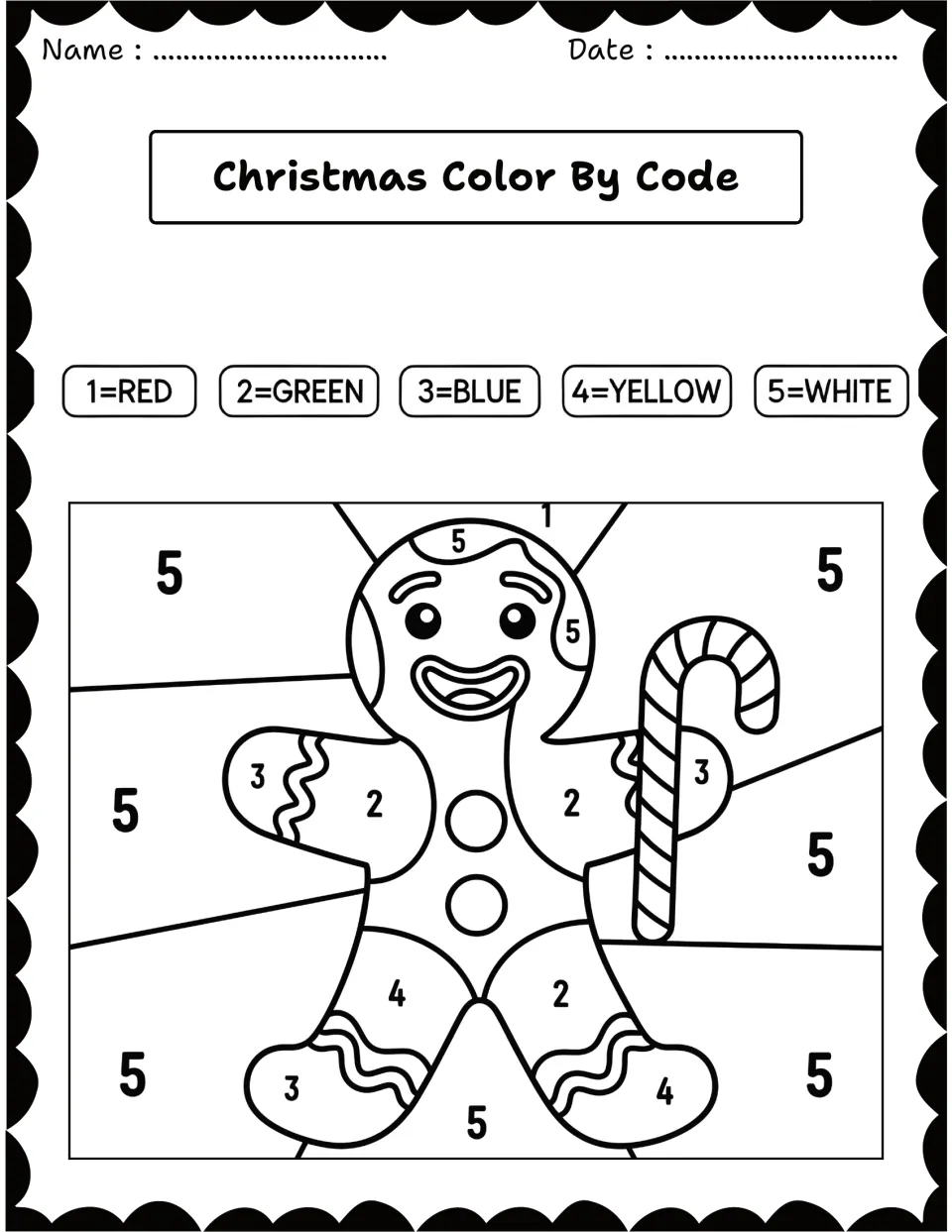 Gingerbread man color by number: students match 1 to 5 with red, green, blue, yellow and white to color him and background