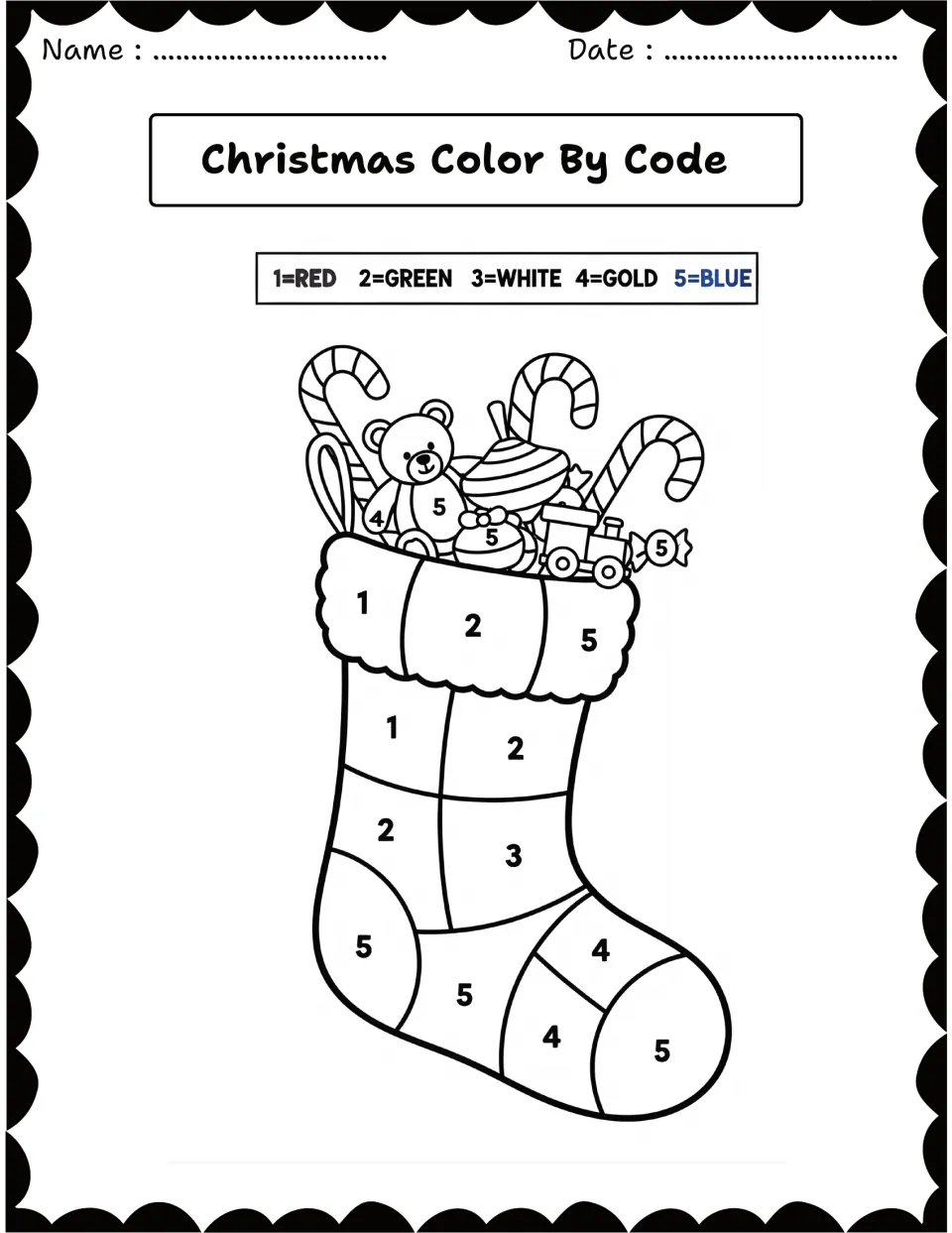 Christmas stocking color by number: students use a key of red, green, white, gold and blue to color a toy-filled stocking