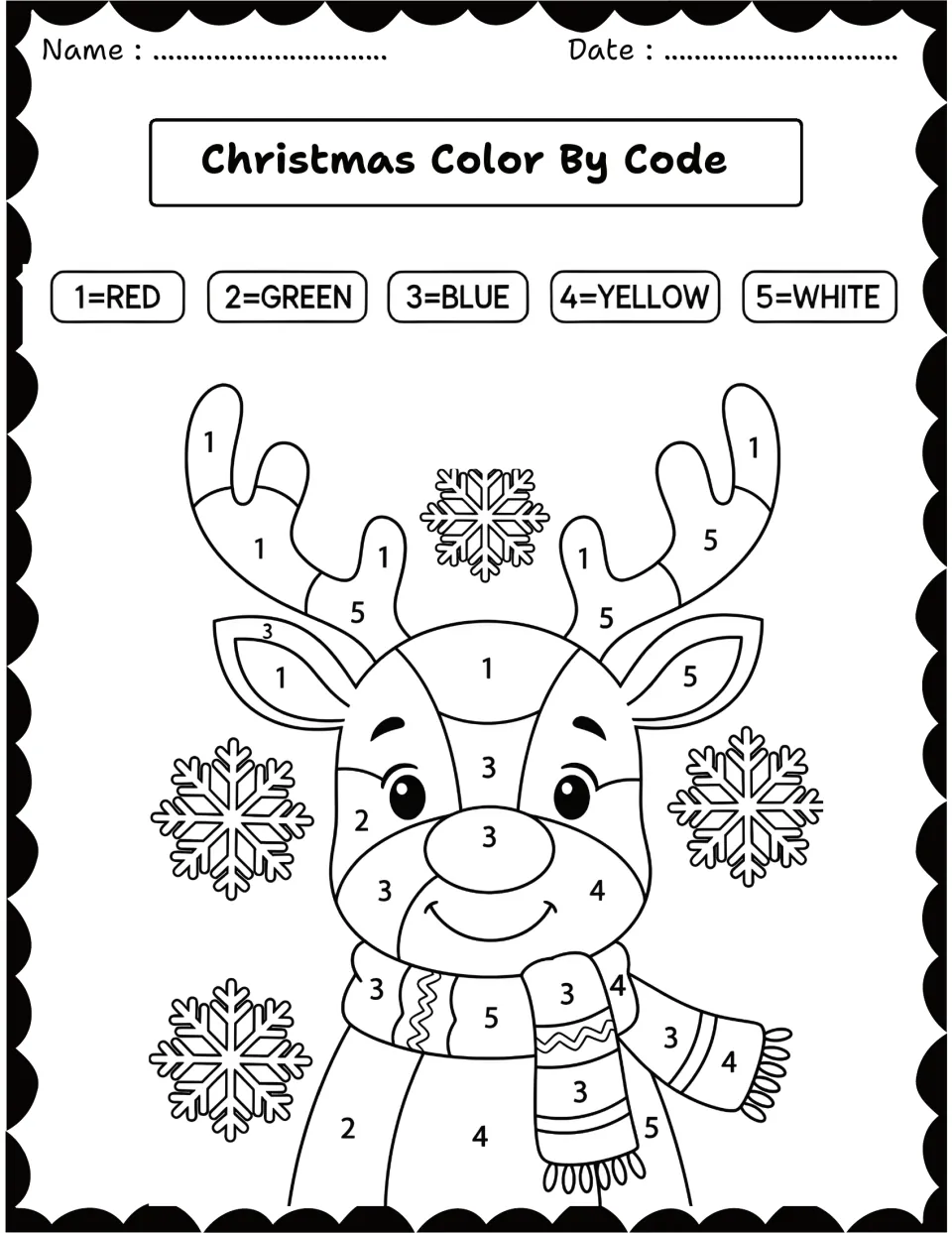 Reindeer color by number: students match numbers 1 to 5 to colors to fill in antlers, face and a scarf among snowflakes