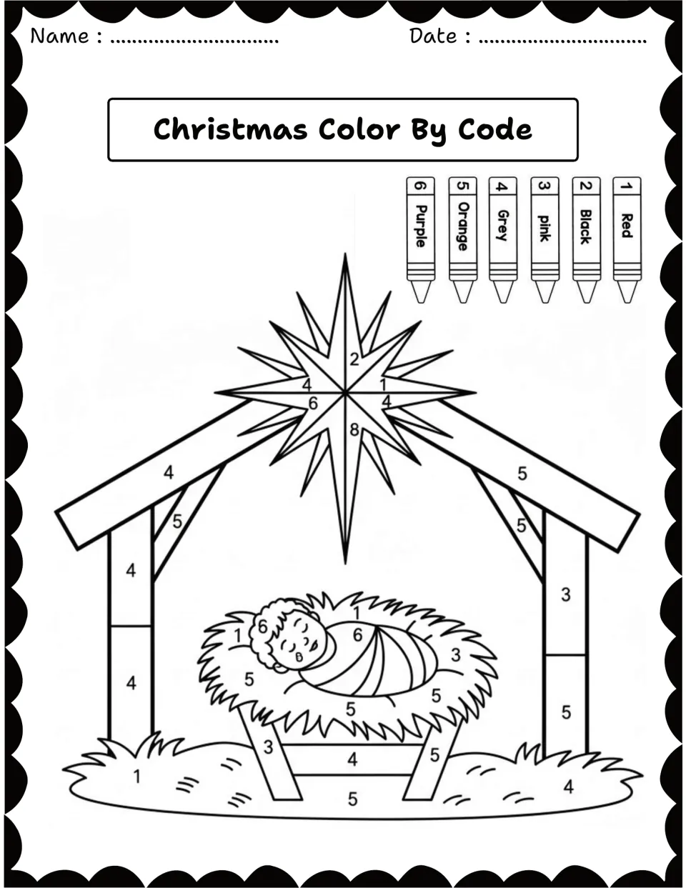 Nativity scene color by number: students follow a six-crayon key to color the star, stable and baby sleeping in a manger