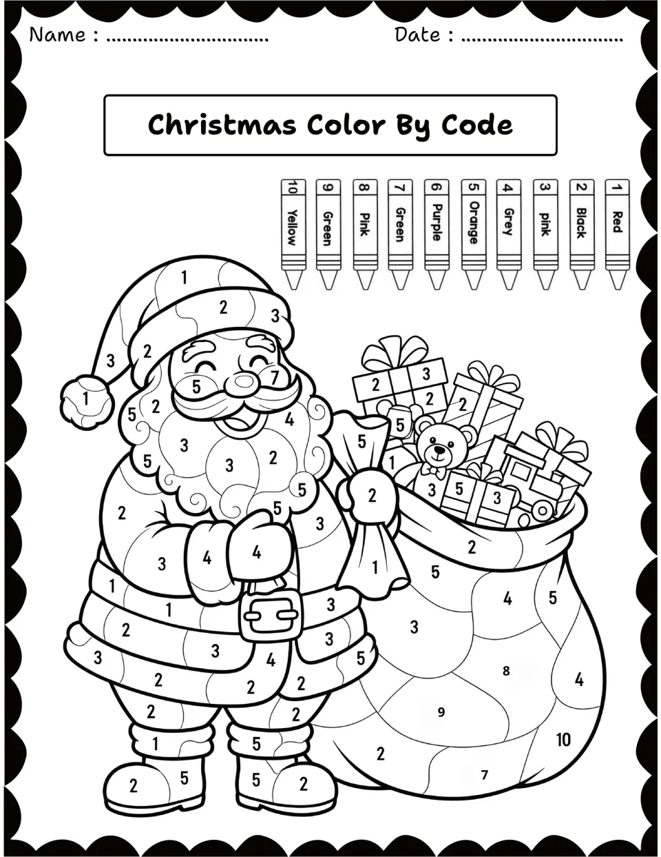 Santa with toy sack color by number: students use a 1 to 10 crayon key to color Santa, his sack, a teddy bear and gifts