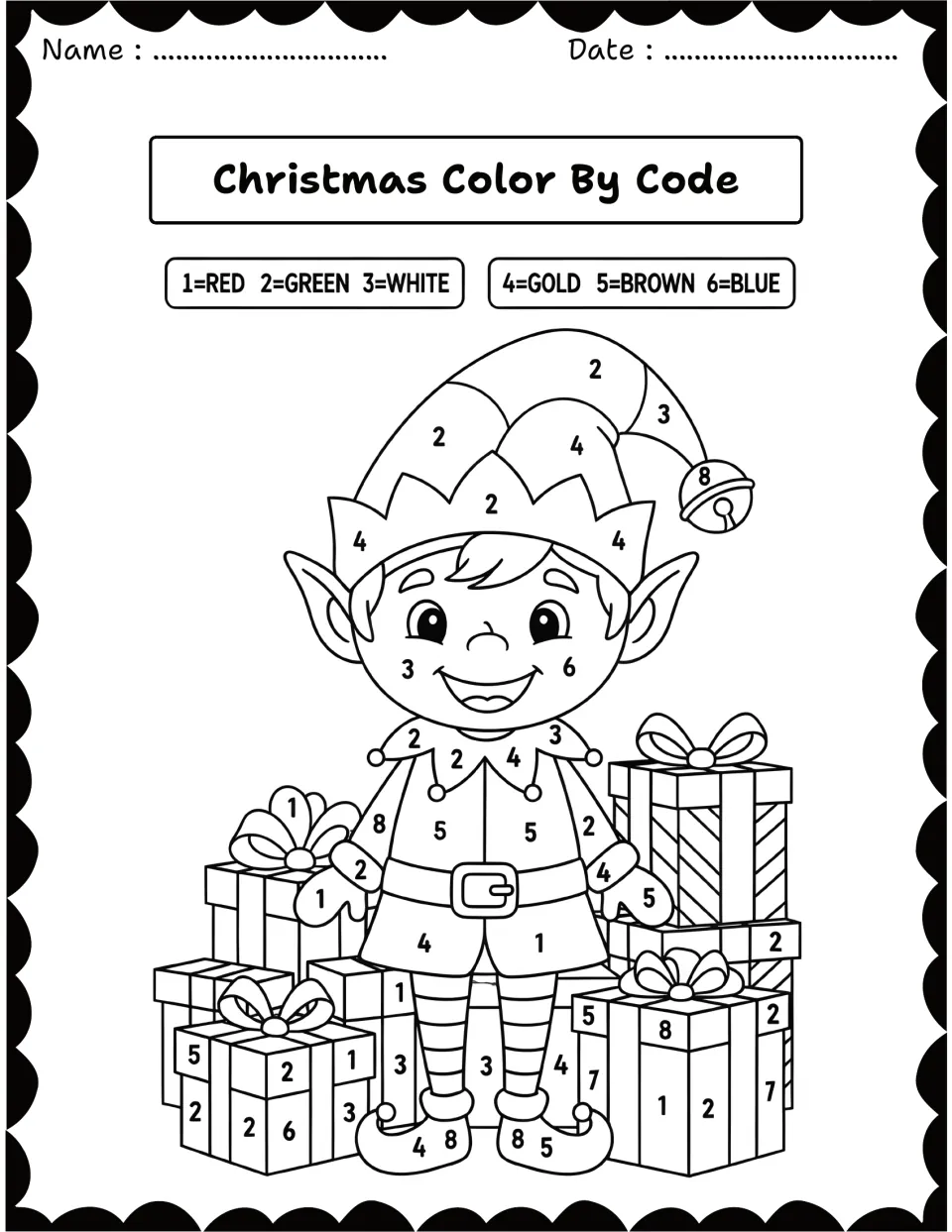 Christmas elf color by number: students read a key of red, green, white, gold, brown and blue to color an elf and presents