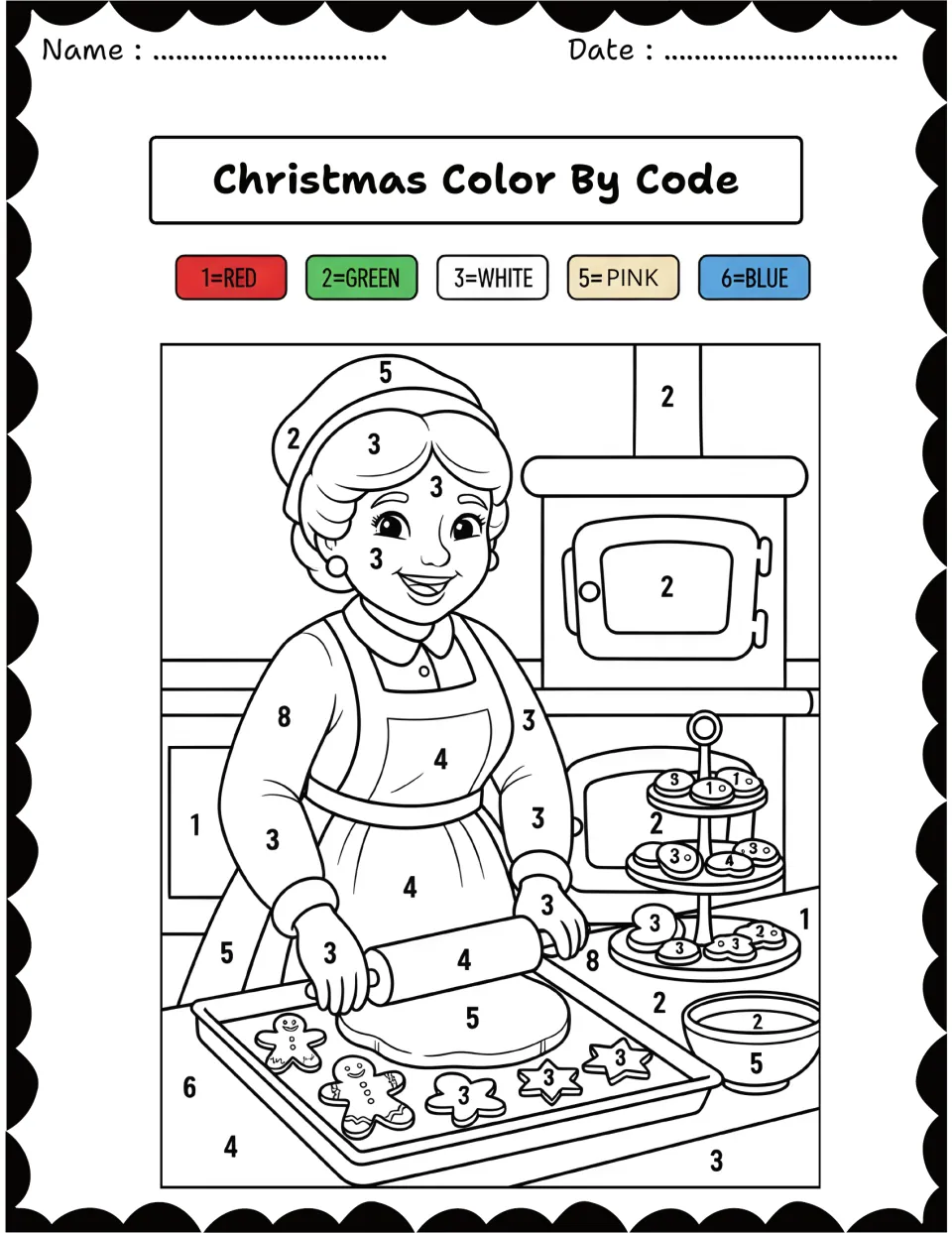 Christmas baking color by number: students match numbers to a color key to color a woman rolling cookie dough in a kitchen