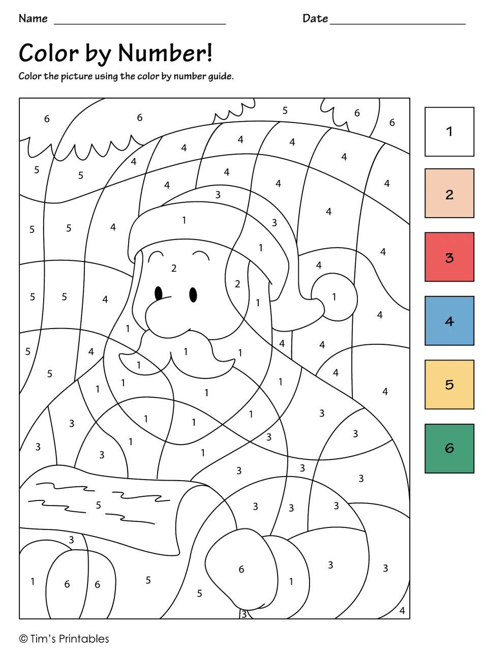 Santa Claus color-by-number activity with numbers 1–6 and color swatches for coloring Santa holding a list