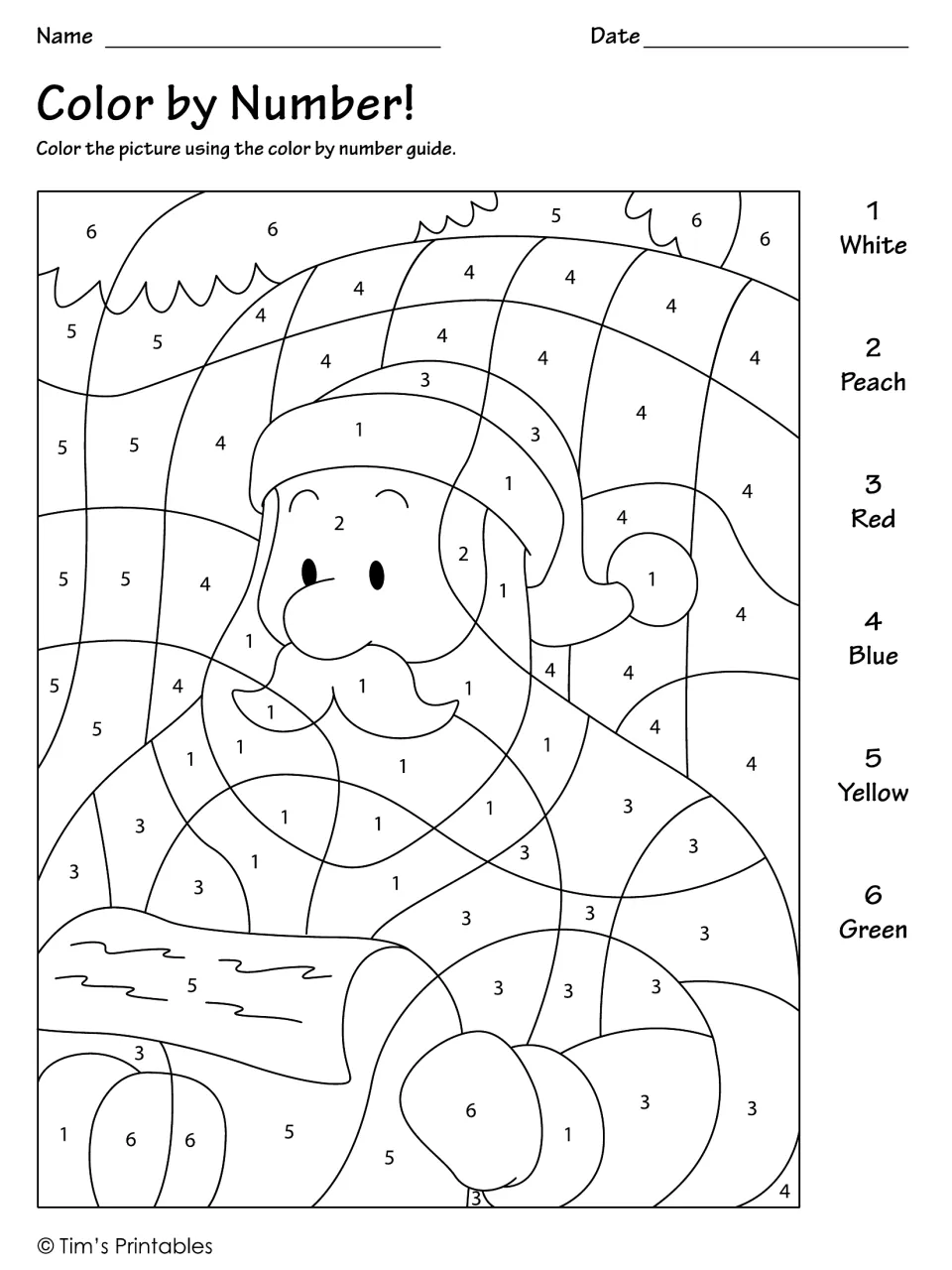 Santa Claus color-by-number activity with numbers 1–6 labeled White, Peach, Red, Blue, Yellow, and Green
