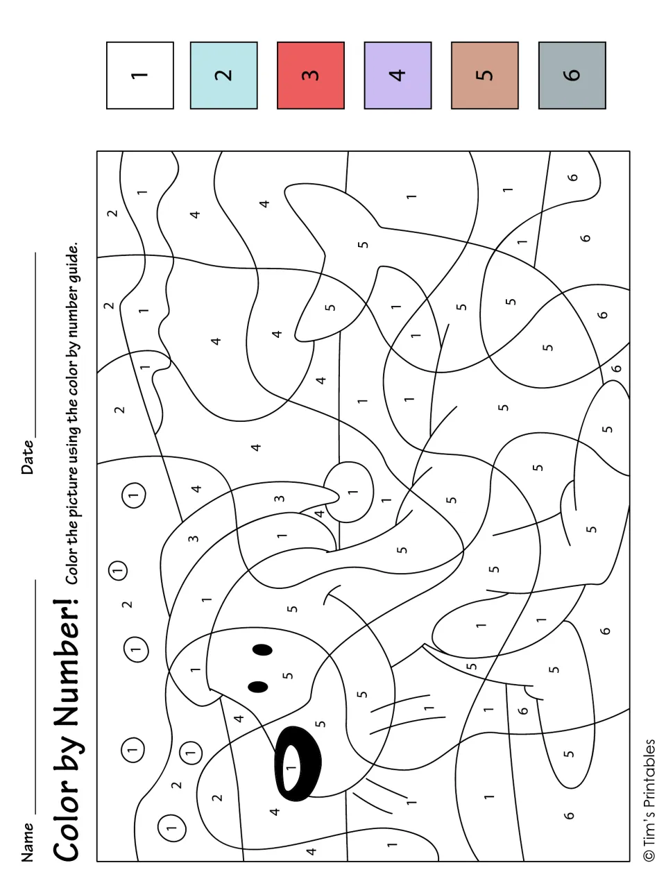 Christmas seal color-by-number activity with numbers 1–6 and color swatches for a seal wearing a Santa hat
