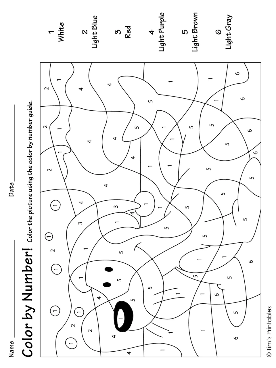 Christmas seal color-by-number activity with numbers 1–6 and written color names, including Light Purple