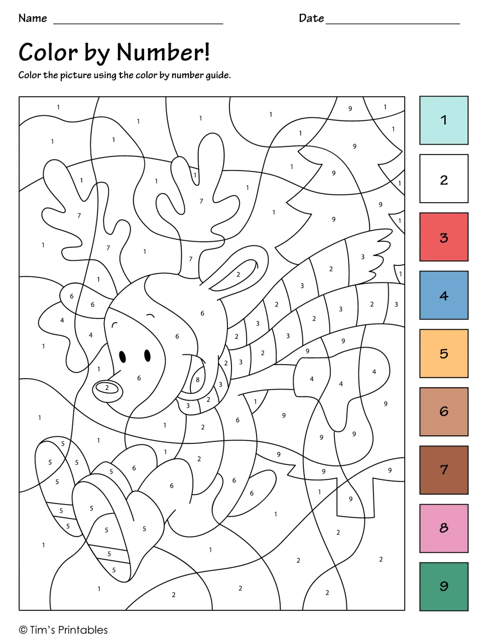 Reindeer color-by-number activity with numbers 1–9 and color swatches for a reindeer in a scarf and mittens