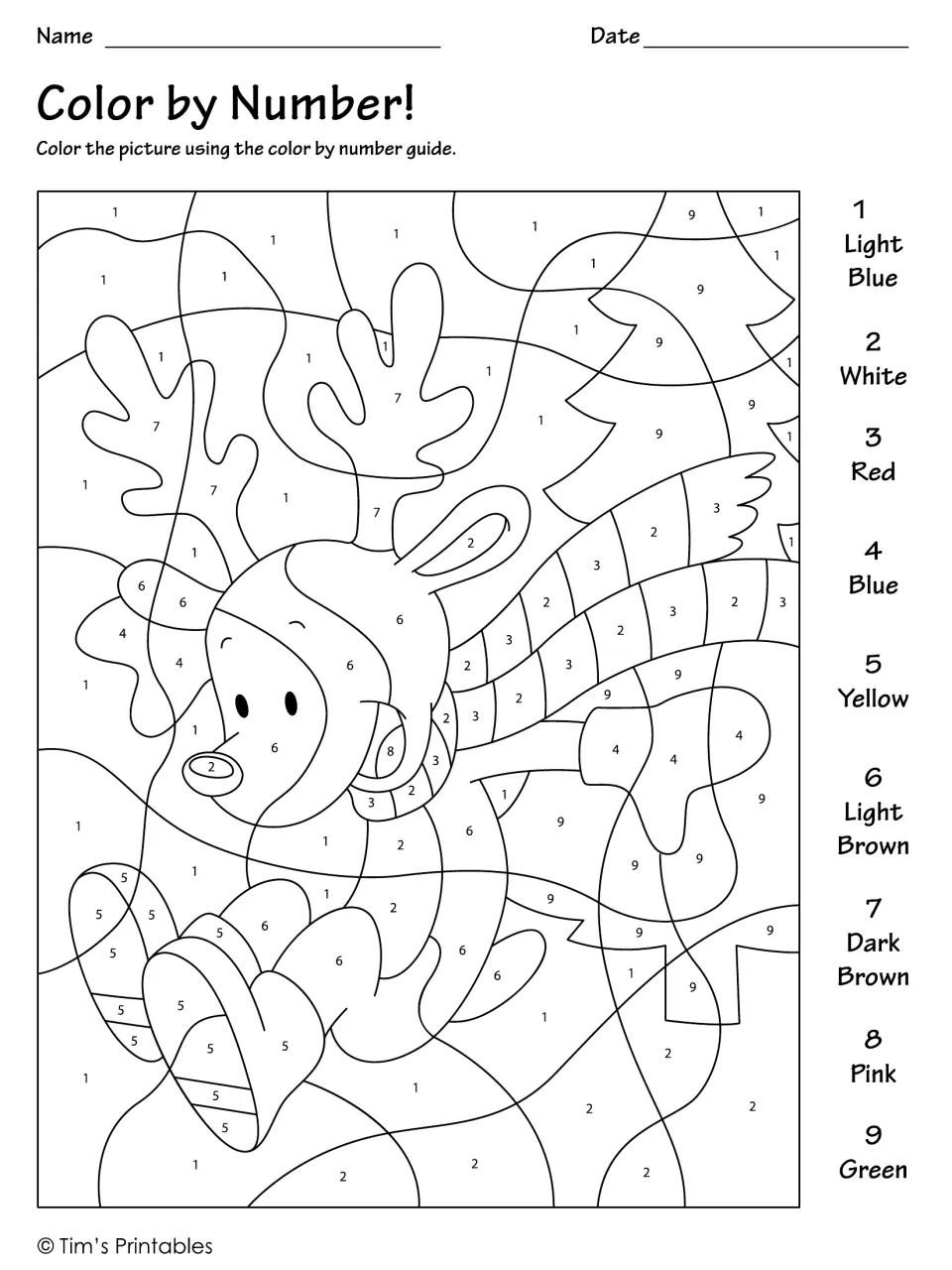 Reindeer color-by-number activity with numbers 1–9 and written color names, including Light Brown and Pink