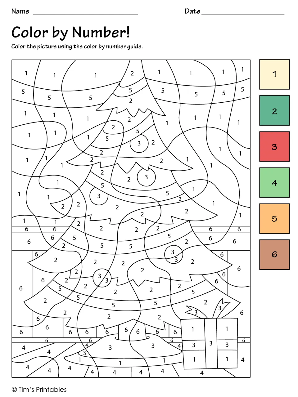 Christmas tree color-by-number activity with numbers 1–6 and color swatches for a decorated tree and gift
