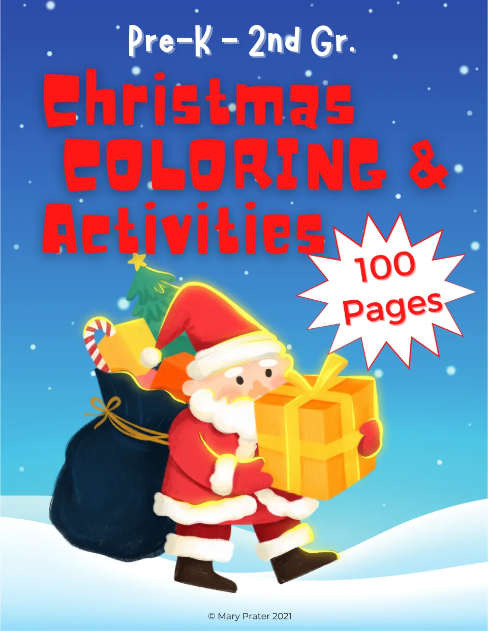 Christmas workbook cover labeled 'Pre-K–2nd Gr.' and '100 Pages,' showing Santa carrying a wrapped gift