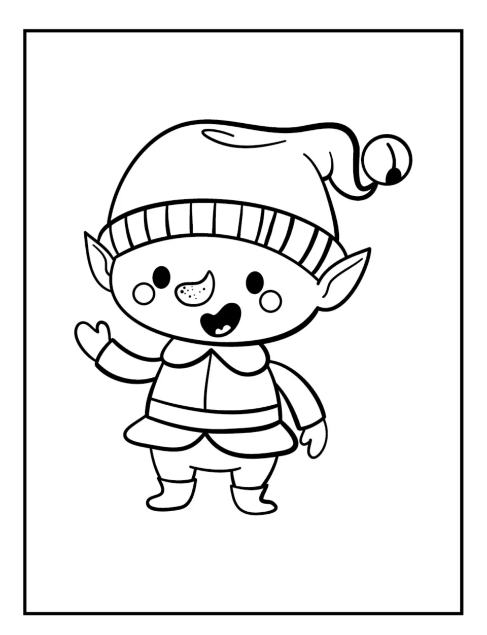 Christmas workbook coloring page featuring a smiling elf waving, wearing a pointed hat and small boots