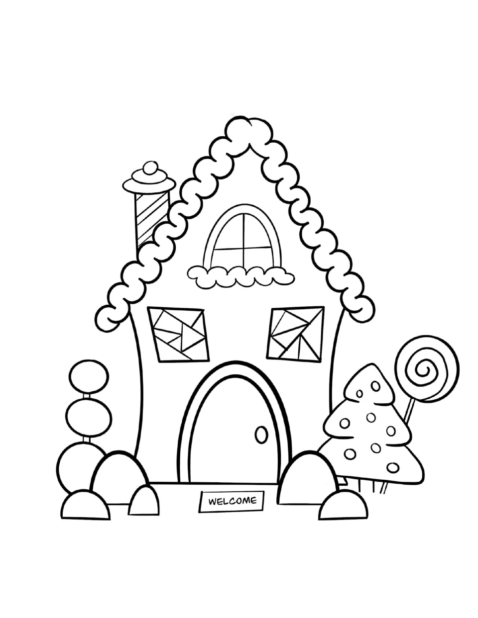 Christmas workbook coloring page featuring a gingerbread house, candy decorations, and a 'WELCOME' mat