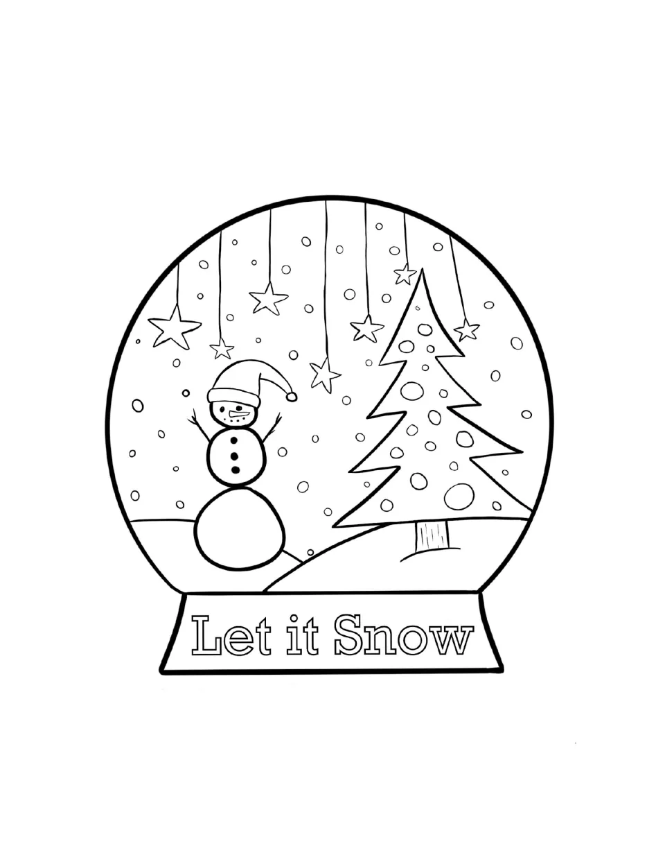 Christmas workbook coloring page showing a snow globe with a snowman, a tree, and the words 'Let it Snow'