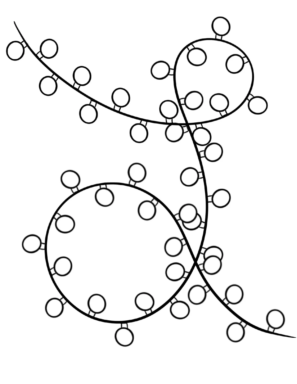 Christmas workbook coloring page featuring a looping string of holiday lights with round bulbs to color
